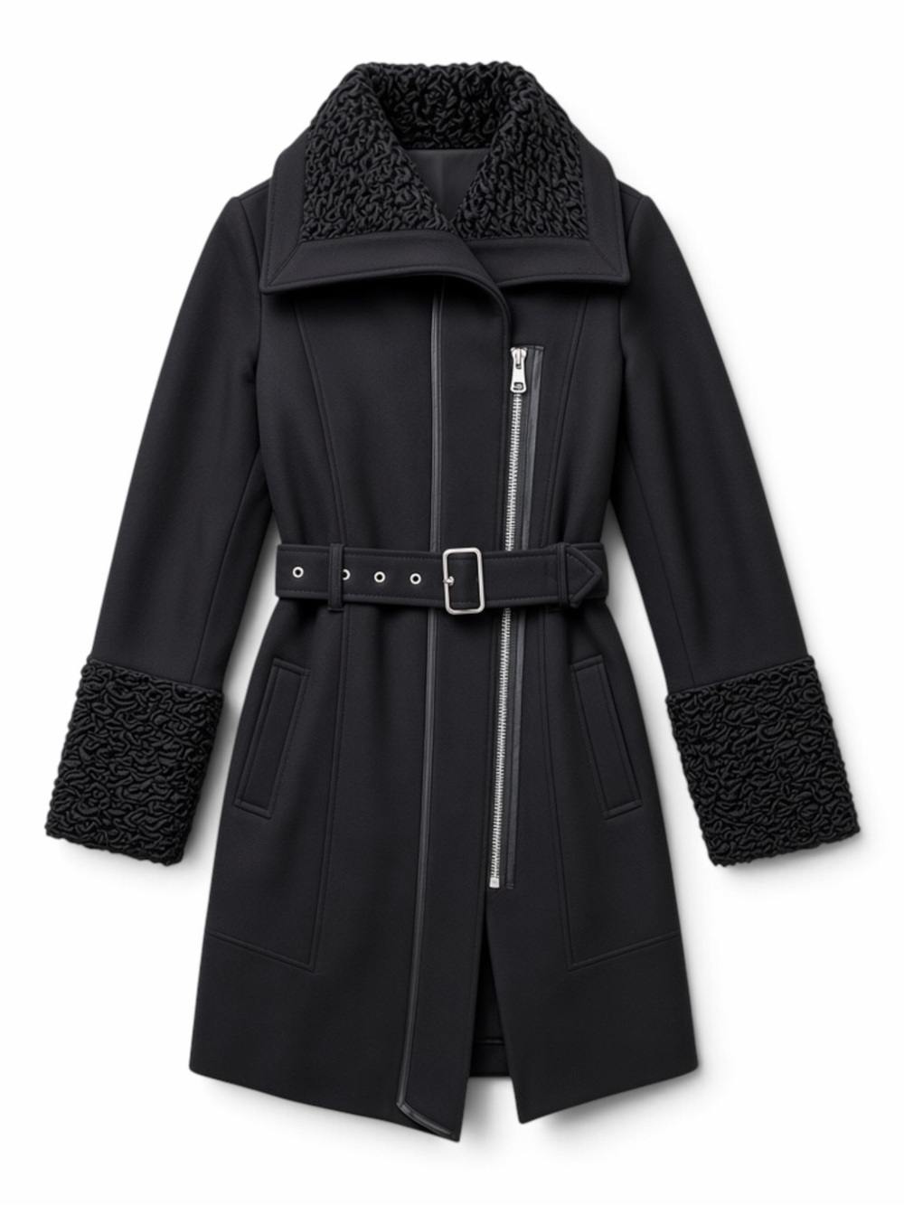 Guess Y2K Wool Blend Belted Coat Asymmetrical Zip Black L